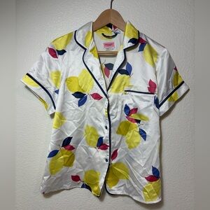 Kate Spade Satin Short Sleeve Button Down Lemon Print Collared PJ Top Size Med